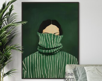Emerald Green Abstract Woman Art Print: Minimalist Japandi Decor