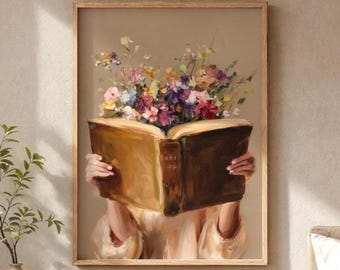 Reading Woman Art Print: Abstract Floral Book, Boho Home Decor
