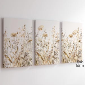 Beige Wildflower Floral Botanical Wall Art Set of 3 Prints, Neutral Modern Farmhouse Decor, PRINTABLE Wild Flowers Prints Neutral Floral Art