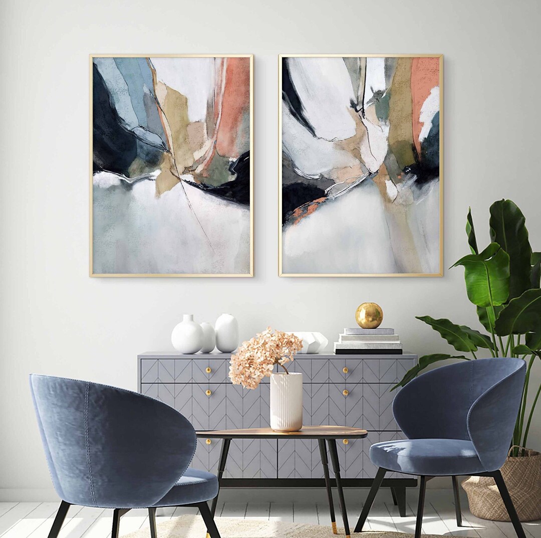 Colorful Modern Textured Abstract Set of 2 Prints, Navy Blue Art Print