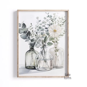 Impresión de jarrón de flores en acuarela, póster floral de eucalipto para pared, arte danés de pared verde, decoración artística con flores bonitas, arte con flores en jarrón