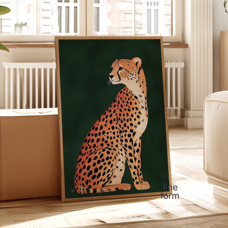 May include: A digital illustration of a cheetah sitting on a dark green background. The cheetah is facing to the left and has a spotted orange and black coat.