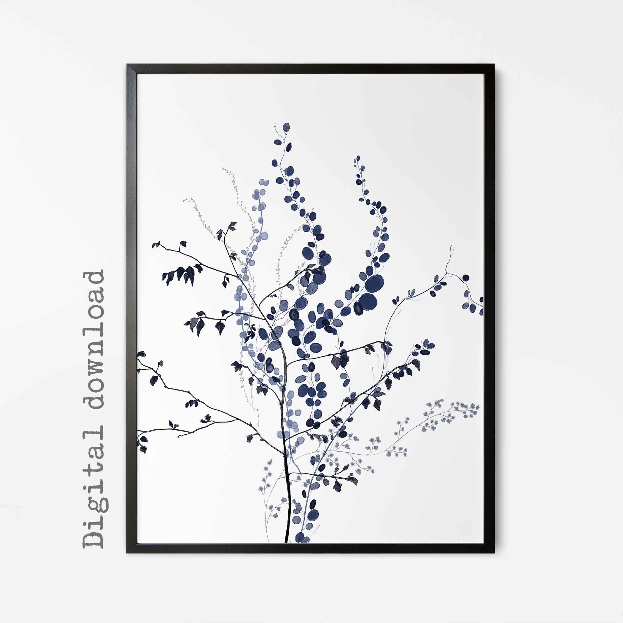 Navy Blue Watercolor Botanical Print Gallery Wall Art Set of 3 Etsy