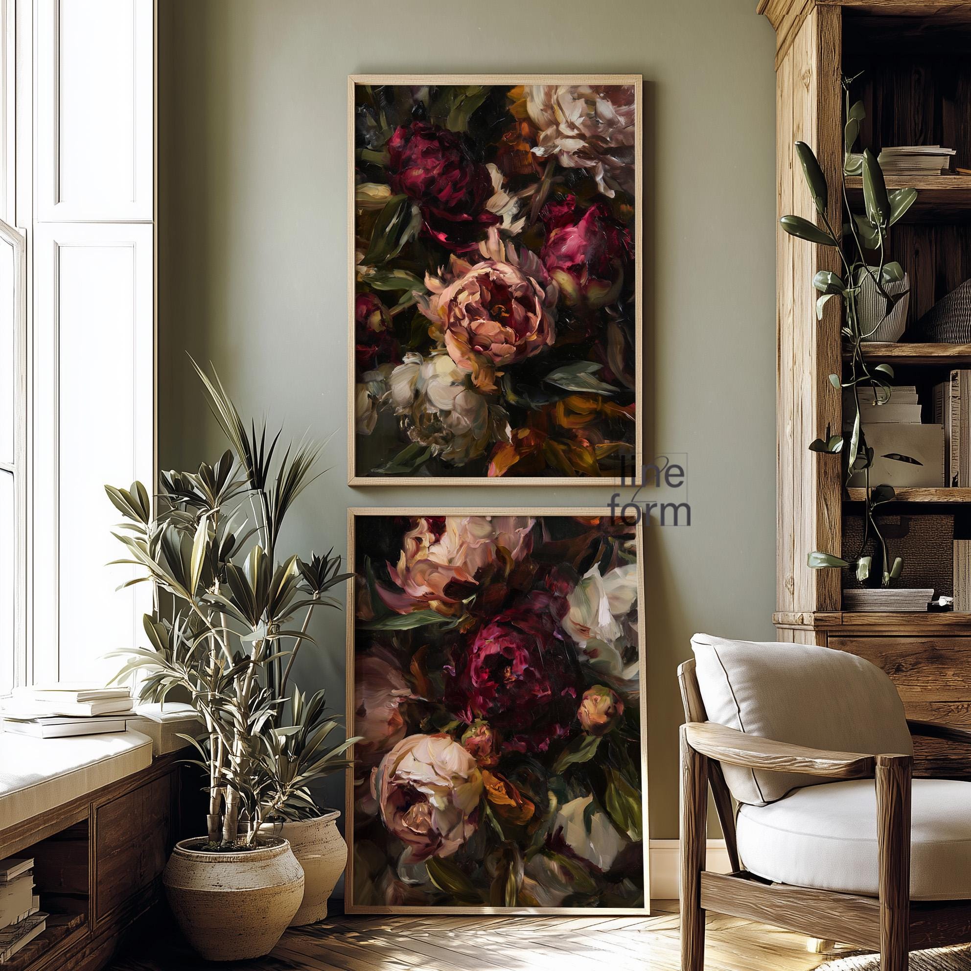 Moody Dark Peony Wall Art Set of 2: Floral Oil Painting Prints - Etsy