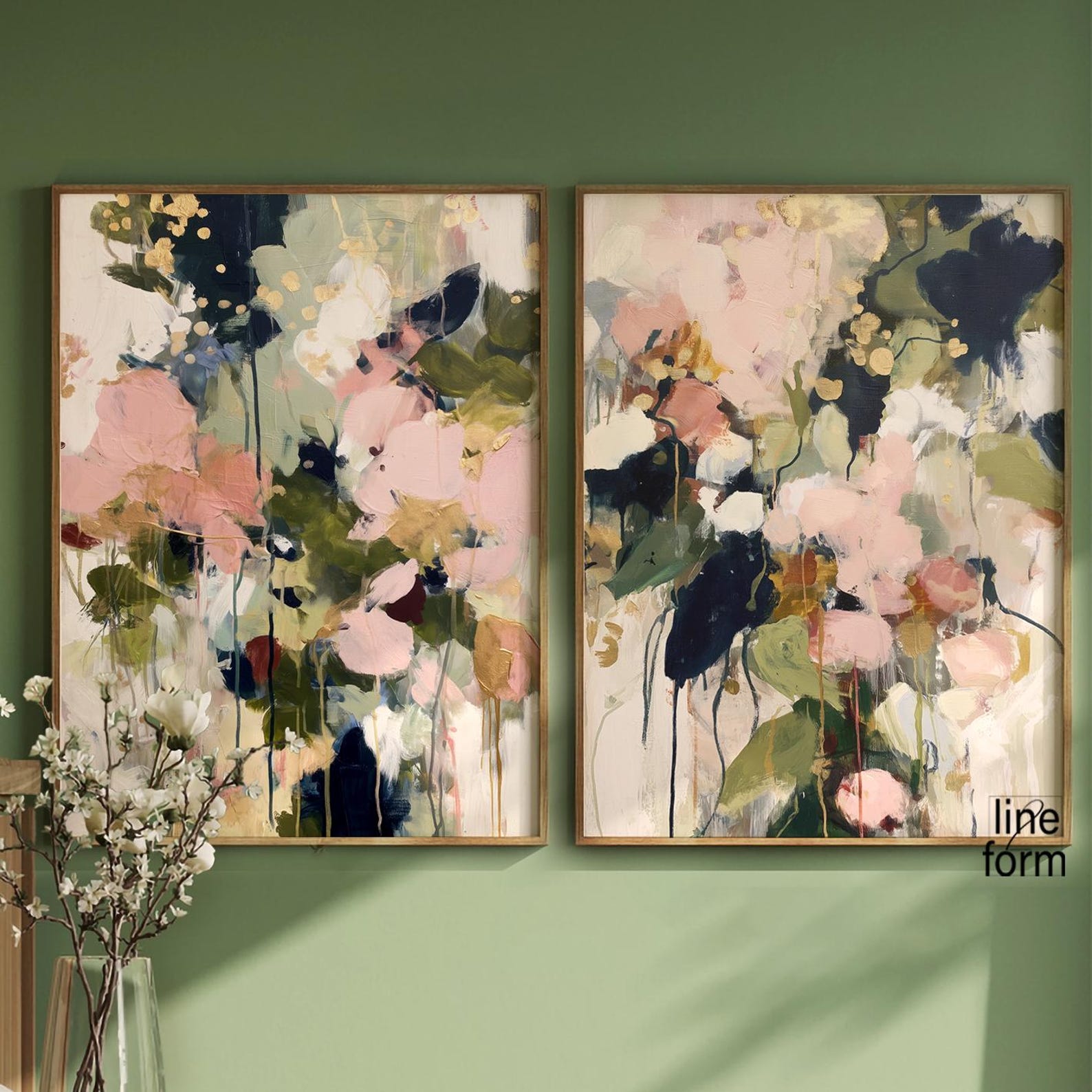 Abstract Floral Wall Art Set of 2: Blush Pink & Green Prints - Etsy