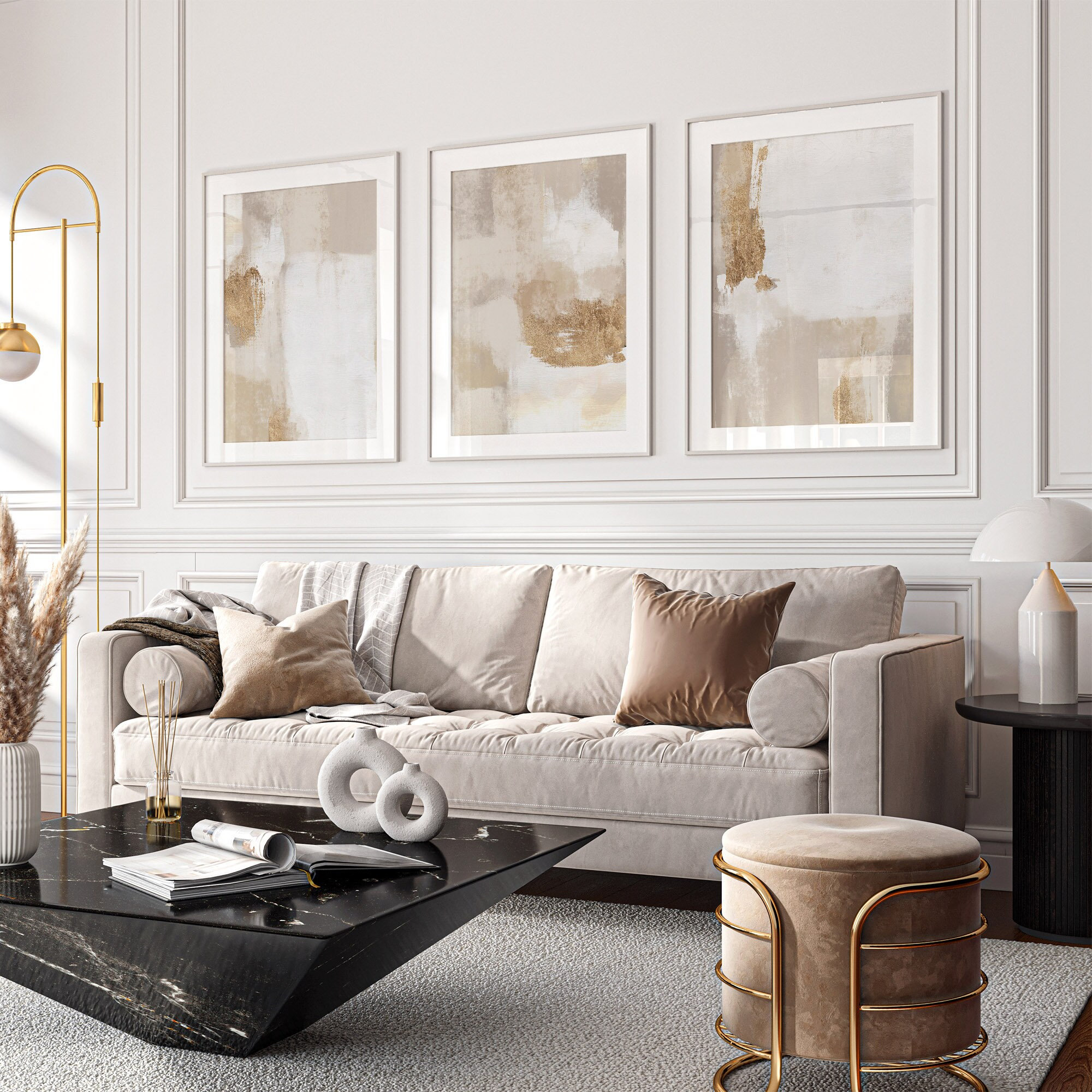 Beige Gold Abstract Art Prints - Set of 3 Nordic Gallery Wall (digital ...