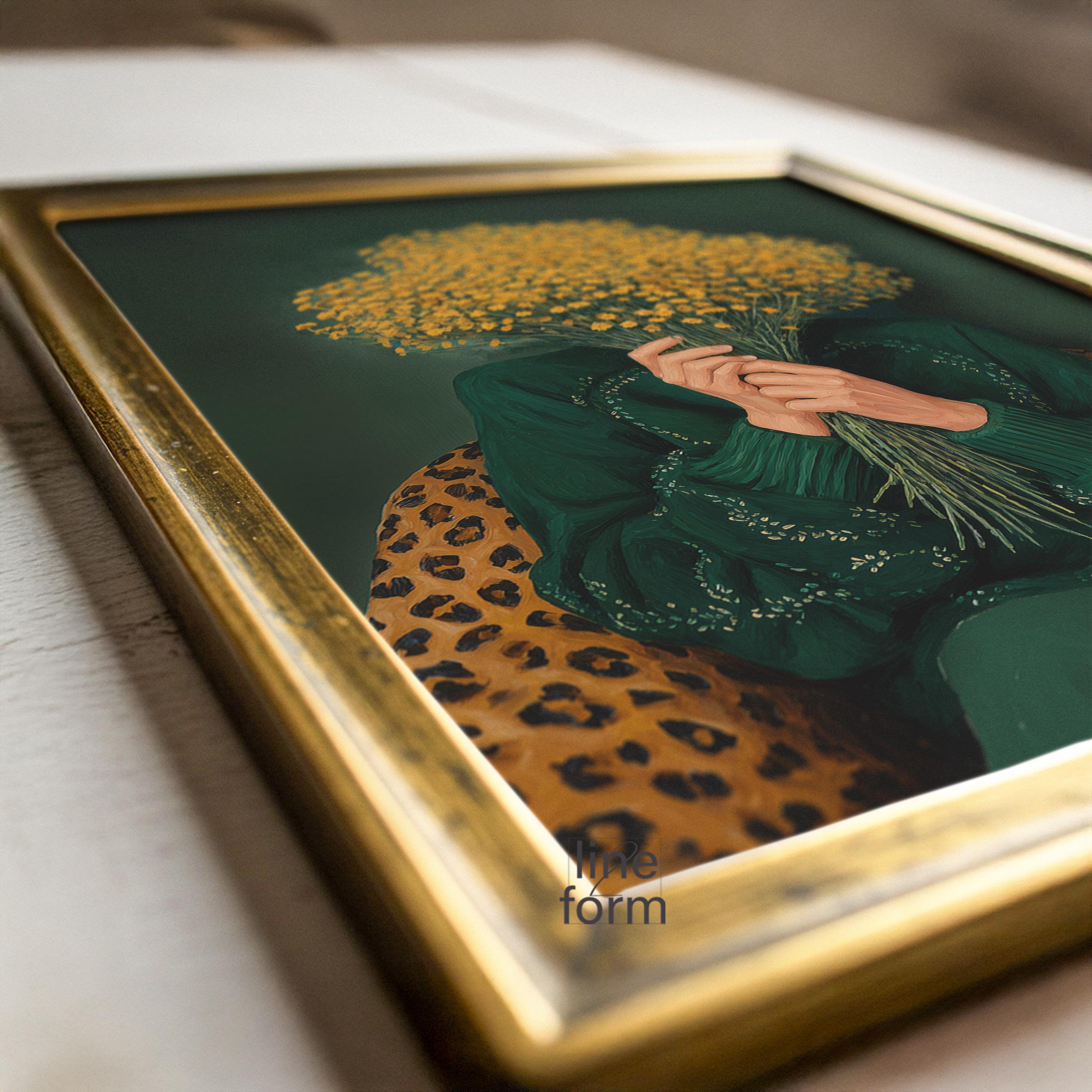 Emerald Green Woman With Yellow Flowers Art Print: Abstract Female ...