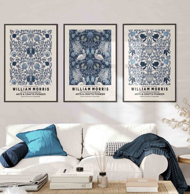 William Morris Exhibition Print Set of 3: Blue Botanical Art Nouveau ...