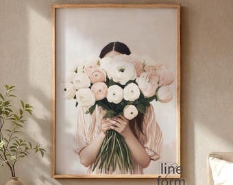 Woman with Flowers Art Print: Pastel Feminine Portrait, Modern Decor