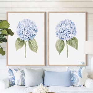 Ensemble de 2 oeuvres d'art mural hortensias bleus, impression d'art hortensia aquarelle bleu clair, imprimés floraux bleus, impressions florales murales, décoration murale Hamptons