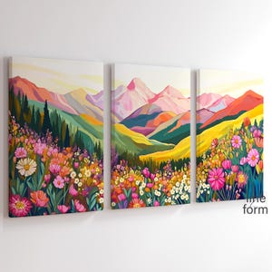Abstract Mountain Meadow Art Print Set of 3: Colorful Floral Scenery (Digital Download)