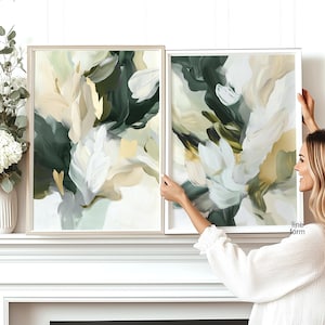 Juego de 2 piezas de arte de pared abstracto en verde beige, arte de pared verde esmeralda, arte de pared de formas modernas, arte abstracto moderno, decoración de pared verde para el hogar