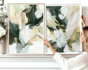 Abstract Floral Wall Art Set of 2: Beige, Emerald Green - Modern Home Decor
