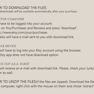 Puede incluir: Instrucciones sobre c&oacute;mo descargar archivos digitales comprados en Etsy. Las instrucciones incluyen la descarga de archivos en una computadora de escritorio, un dispositivo m&oacute;vil o como invitado. Tambi&eacute;n incluye instrucciones sobre c&oacute;mo descomprimir archivos.