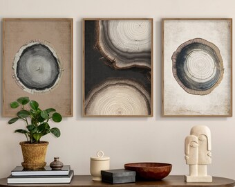 Tree Ring Prints Set of 3 Grunge Wood Tree Stump Prints Tree Ring Art Abstract art print Modern Neutral Abstract Tree Rings Wall Art