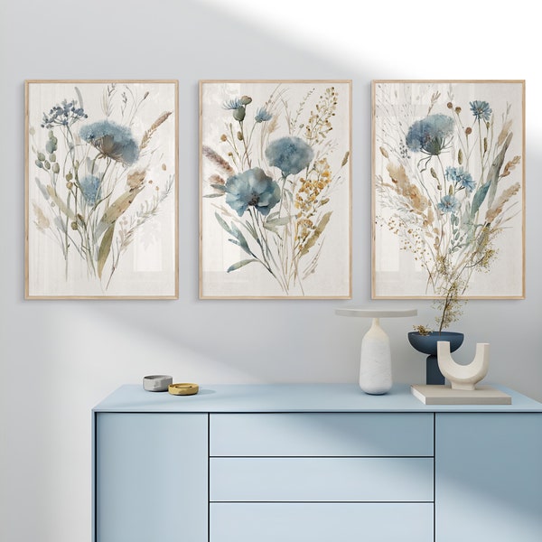 Blue Beige Wild Flowers SET of 3 Prints, Minimal  Botanical Country Decor, Digital PRINTABLE Wild Flowers Prints, Neutral Farmhouse Art