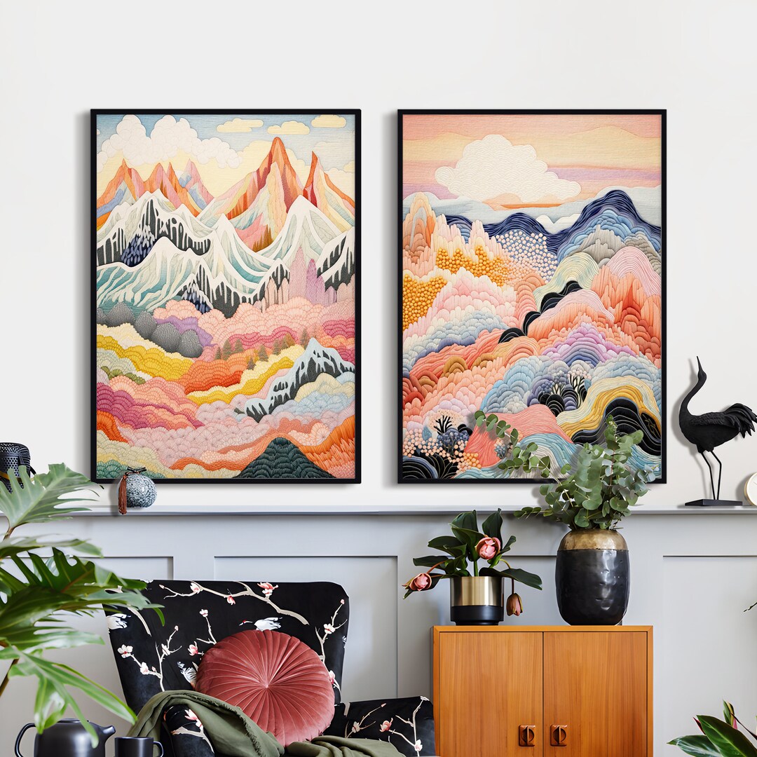 Colorful Mountain Set of 2 Prints, Abstract Mountain Wall Art, Colorful