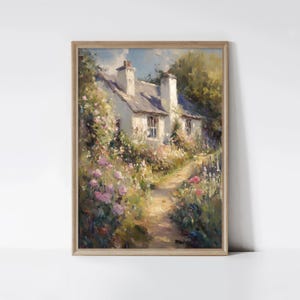 Arte vintage di cottage inglesi, dipinto vintage di roseto, stampa murale di paesaggio estivo vintage, stampa d'epoca spedita