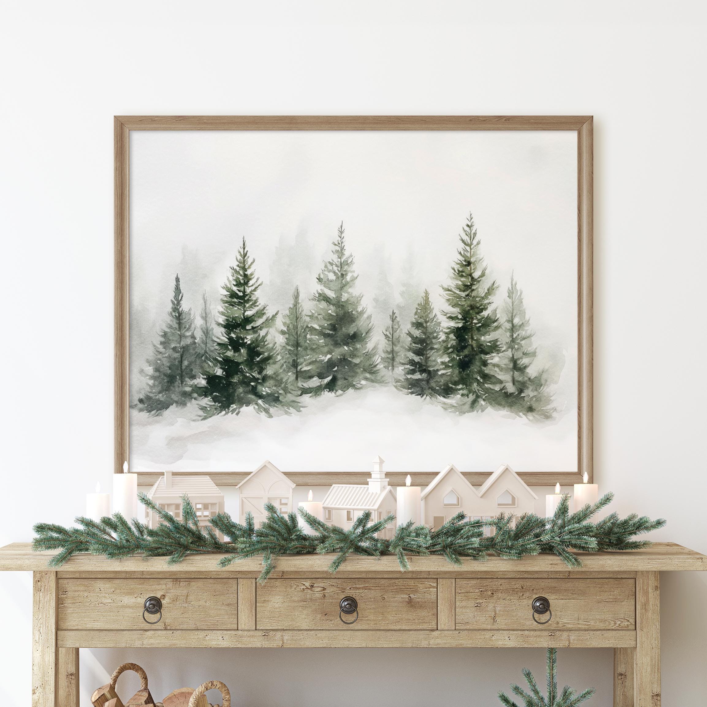 Winter Trees Christmas Printable Art, Green Winter Landscape Print, Snowy Winter Forest Wall Art, Winter Watercolour painting, Holiday Print