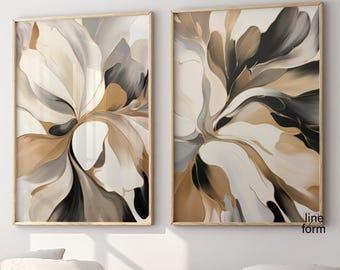 Ensemble d'impressions d'art floral abstrait : décoration nordique beige gris