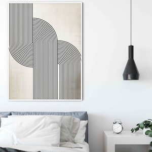 May include: A black and white abstract geometric print with a beige background. The print features a series of vertical lines and curved lines that create a modern and minimalist design.