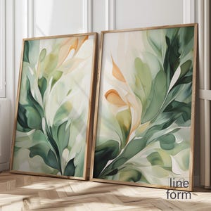 Abstract Botanical Print Set of 2, Sage Green Wall Art Set of 2 Pieces Emerald Green Abstract Modern Shapes Wall Art Modern Abstract Art