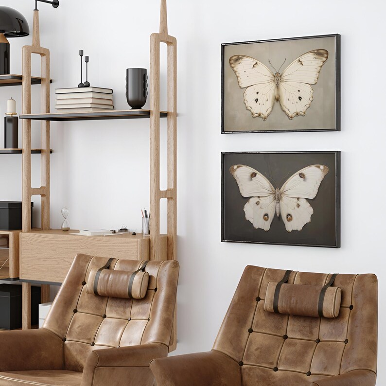 May include: Two framed prints of white butterflies with brown and gray backgrounds. The prints are hanging on a white wall above two brown leather chairs with pillows.