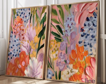 鮮やかな抽象花柄ウォールアート2点セット：カラフルでモダンな植物プリント