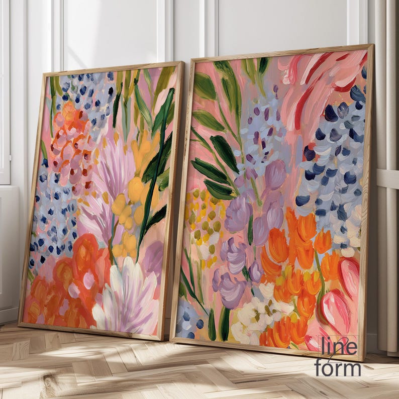 Bright Abstract Floral Wall Art Set of 2: Colorful Modern Botanical ...
