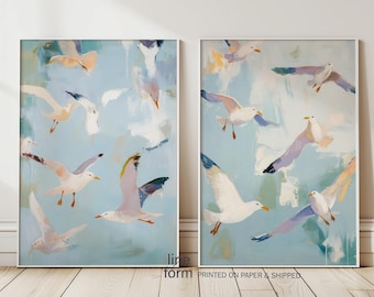 Seagull Wall Art Print Set of 2: Hamptons Style Flying Birds