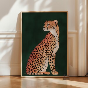 May include: A digital illustration of a cheetah sitting on a dark green background. The cheetah is orange and black with a spotted pattern. The illustration is framed in a light wood frame.