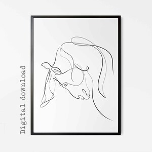 May include: A black and white line drawing of a horse's head in a minimalist style.