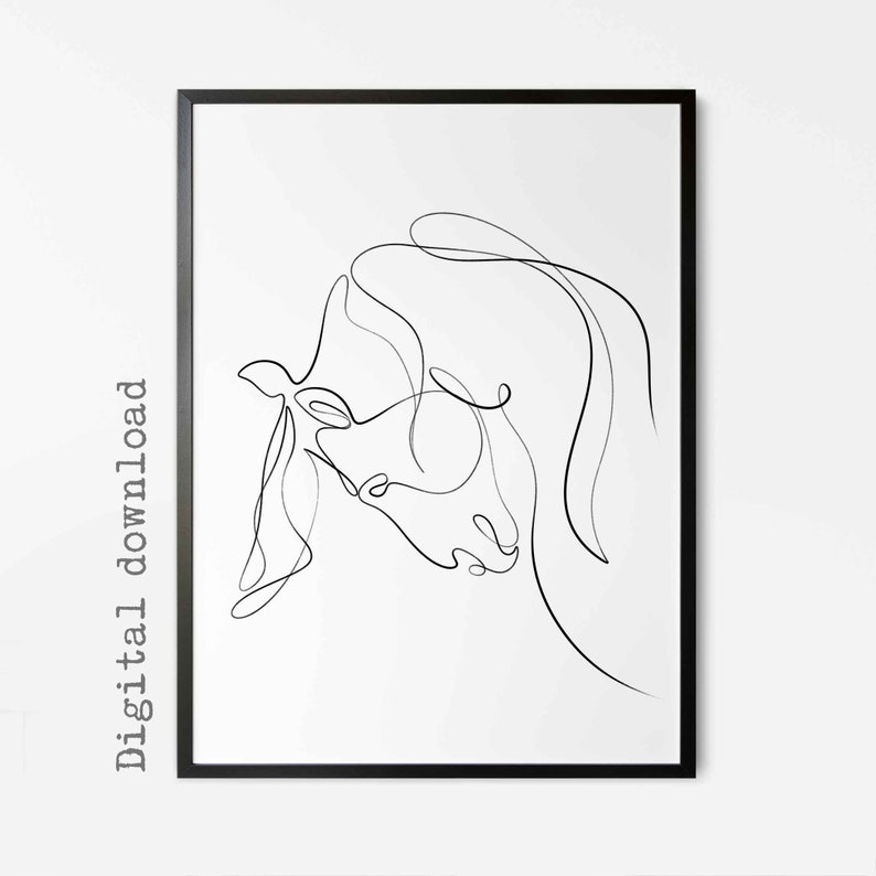 May include: A black and white line drawing of a horse's head in a minimalist style.