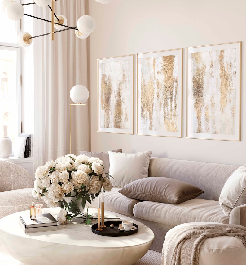 White Gold Abstract Wall Art Set of 3 Prints Neutral Nordic Etsy