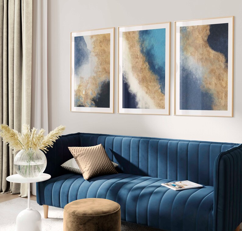Navy Blue Gold Abstract Wall Art Set of 3 Prints Downloadable Etsy