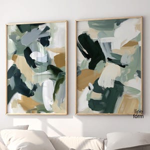 Green and Beige Abstract Set of 2 Pieces, Sage Green Abstract Brush Strokes Art Modern Brushwork Green Neutral Tones Modern Abstract Art