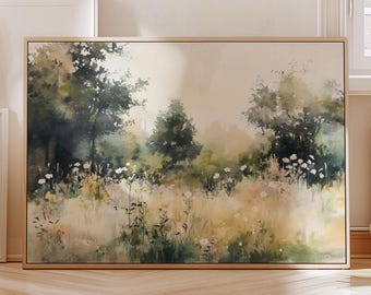 Watercolor Field Landscape Print: Vintage Country Meadow Wall Art