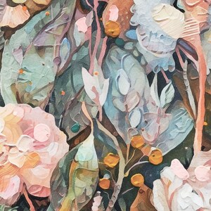 Puede incluir: Una pintura de acuarela de un arreglo floral con flores rosas, blancas y azules, hojas verdes y bayas amarillas.