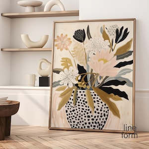 Arte imprimible en florero beige, arte mural en beige neutro, arte mural floral botánico abstracto, impresión botánica con ilustración floral