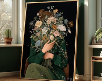 Smaragdgrüne Frau mit Wildblumen Kunstdruck: Vintage Portrait Eclectic Decor Decor Decor