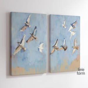 Birds Wall Art Set of 2 Prints, Light Blue Beige Flying Birds Wall Art, Modern Abstract Art, Flock of Birds Set of Two Prints