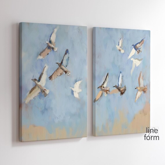 飛ぶ鳥のウォールアートプリント：モダン抽象画 2枚セット（デジタル