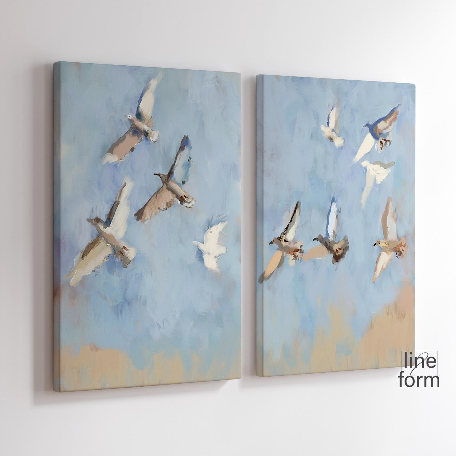 飛ぶ鳥のウォールアートプリント：モダン抽象画 2枚セット（デジタル