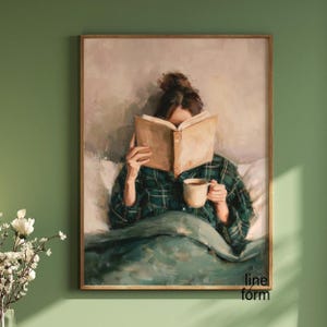 Woman Reading in Bed Art Print: Modern Boho Bedroom Decor