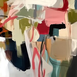 Puede incluir: Pintura abstracta con una mezcla de colores que incluyen rosa, verde, rojo y negro. La obra de arte presenta pinceladas y formas, creando una composici&oacute;n moderna y art&iacute;stica. La pintura tiene una apariencia texturizada.
