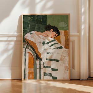 エメラルドグリーンの抽象的な人物アートプリント：ジャパニーズ女性像（デジタルダウンロード）