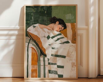Emerald Green Abstract People Art, Minimal Japandi Stripe Female Abstract Painting, Figurative Art, People Painting Abstract Eclectic Prints