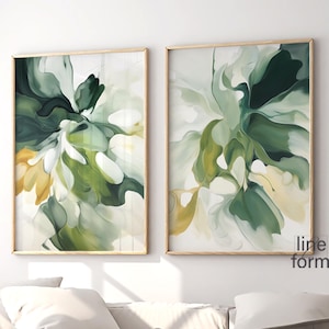 Set di 2 pezzi di arte murale verde salvia Arte murale astratta verde smeraldo Arte floreale astratta Arte murale con forme moderne verdi Arte astratta moderna