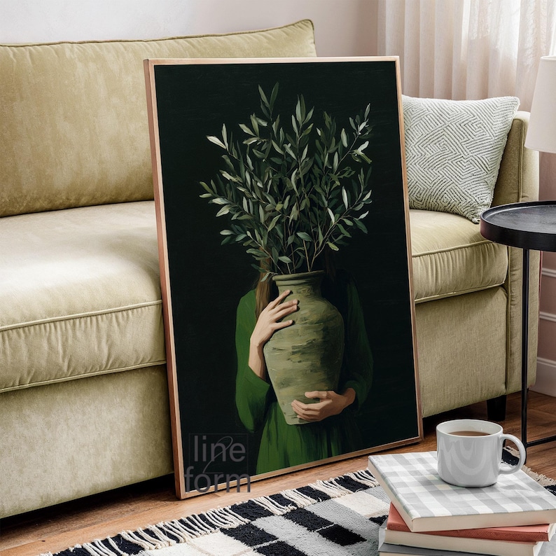Emerald Green Woman With Olive Branch Art Print: Minimalist Japandi ...