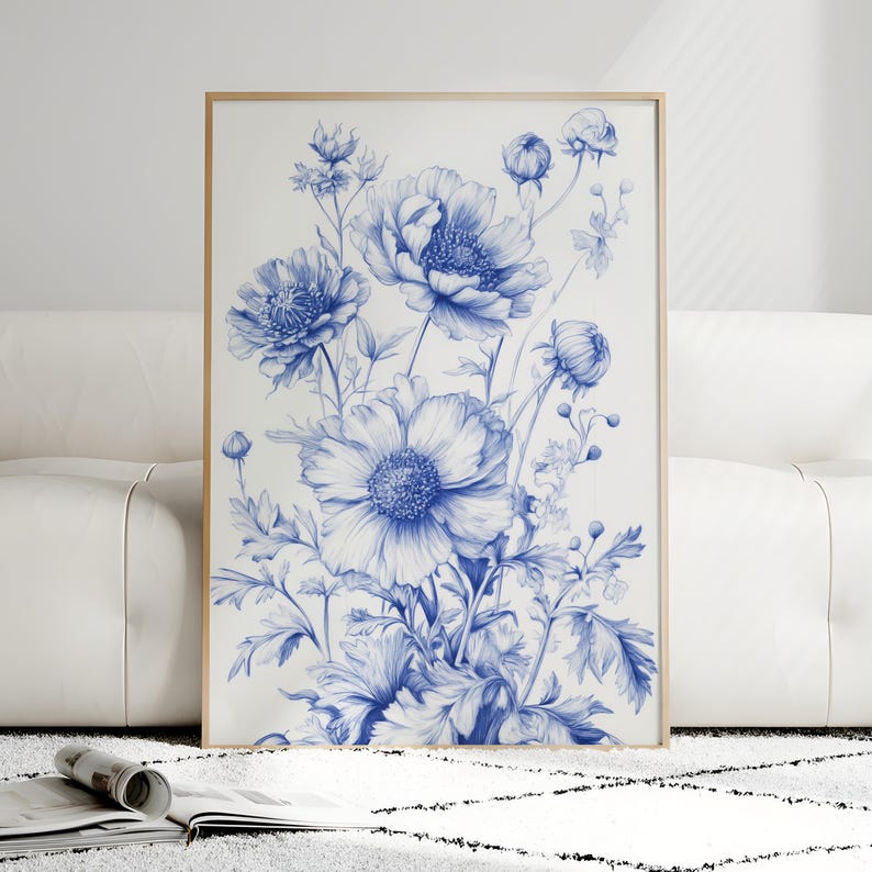Blue Floral Chinoiserie Wall Art Set of 3: Botanical Print Set - Etsy